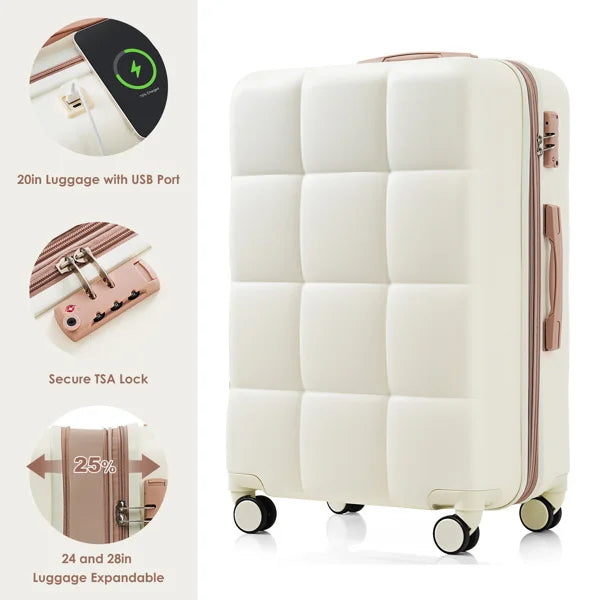 4-Piece ABS Hardshell Luggage Set with USB Port, Cup Holder & Expandable Suitcases – Durable Lightweight Travel Trolley