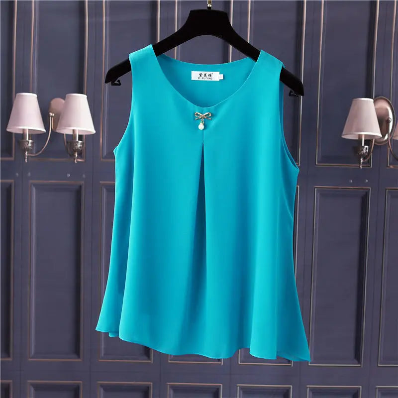 Women's Oversized Sleeveless Chiffon Blouse – Loose Fit O-Neck Summer Top in Solid Colors