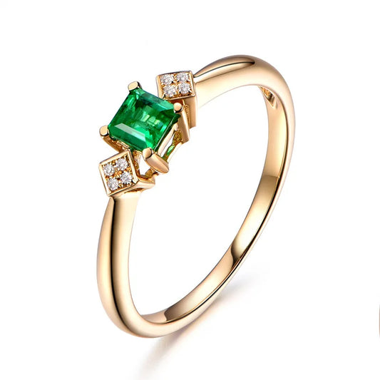 18K Yellow Gold Emerald Green Gemstone Ring for Women – Romantic Diamond-Accented Fine Jewelry for Engagement, Wedding, or Party