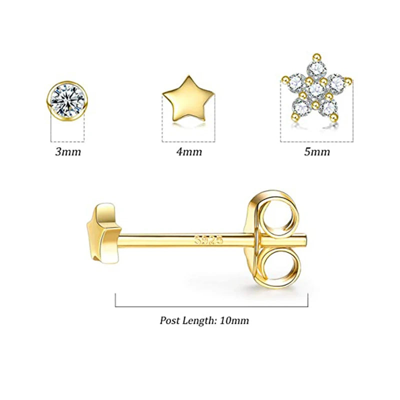 925 Sterling Silver 3-Piece Stud Earrings Set for Women – 18K Gold-Plated, Irregular Mini Design Fine Jewelry