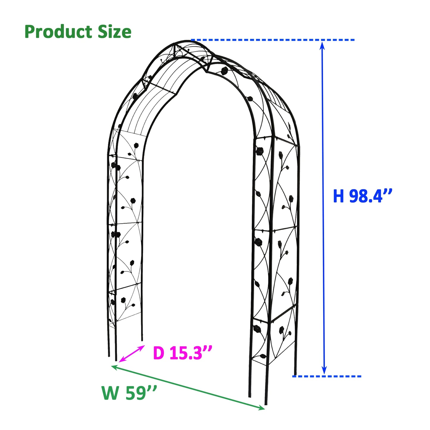 Black Metal Garden Arch for Climbing Plants – Powder-Coated Iron Rose Trellis for Backyard and Outdoor Landscaping