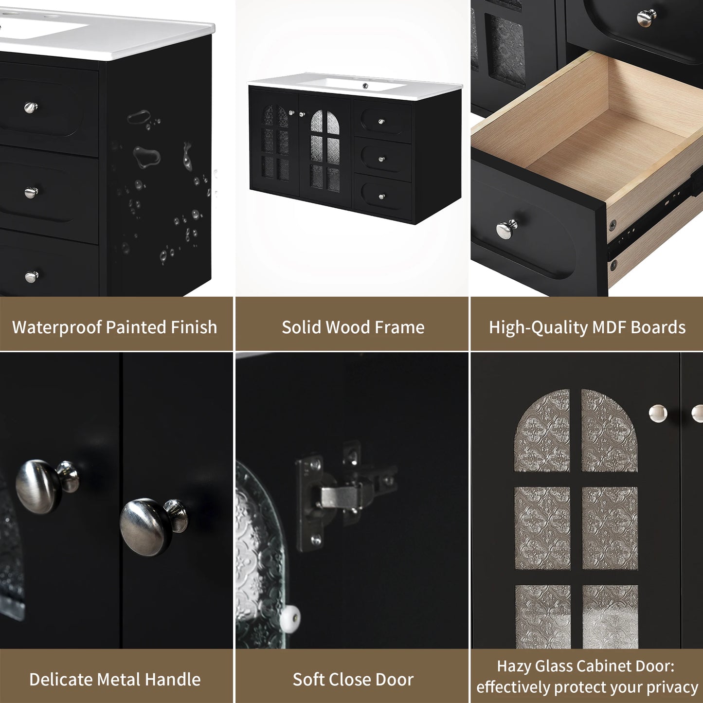 36-Inch Floating Bathroom Vanity in Black with Ceramic Sink – 3 Drawers, Soft-Close System, and Wall-Mounted Design