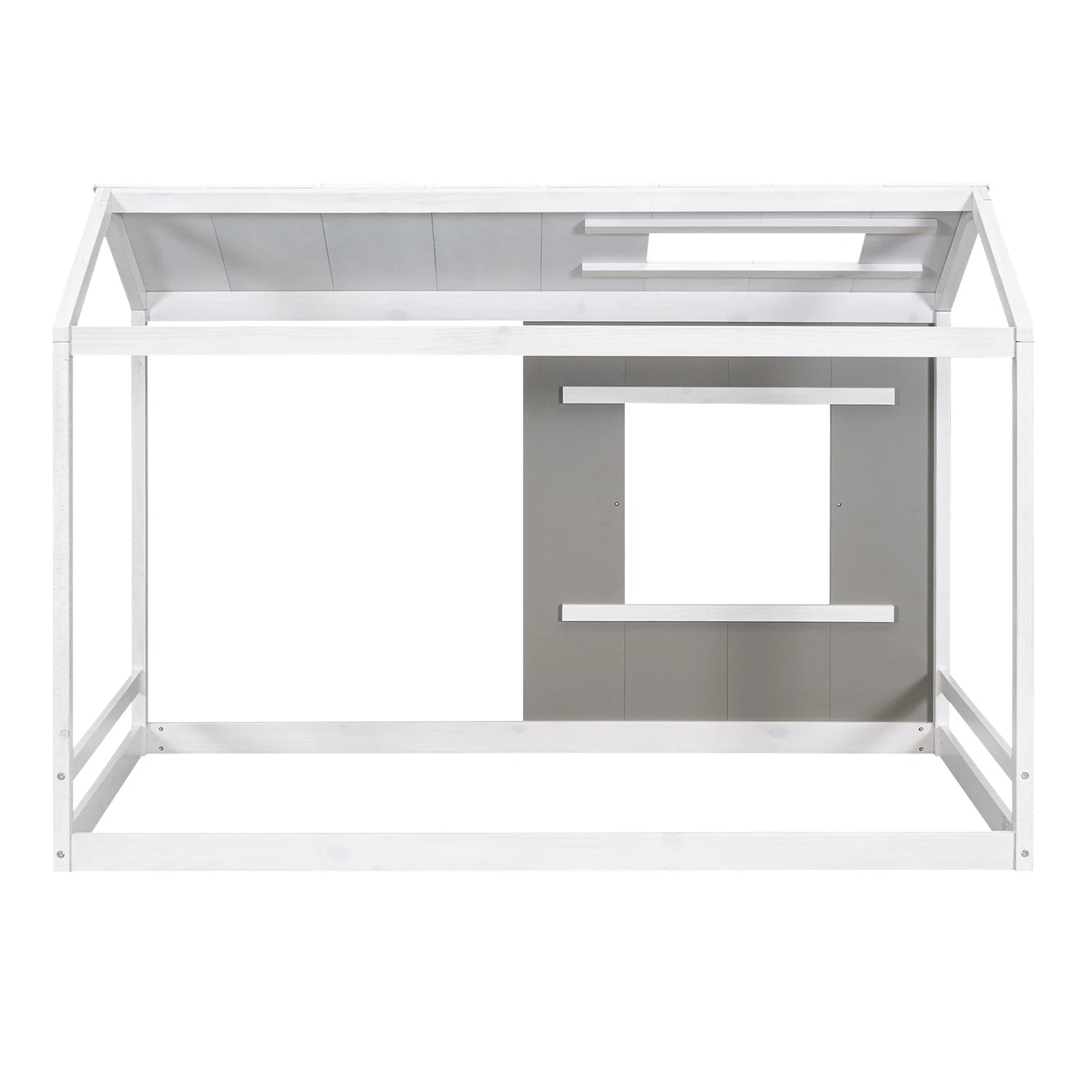 Twin Size Solid Wood Platform Bed with Roof and Window – White & Antique Grey Modern House Design for Kids' Bedroom