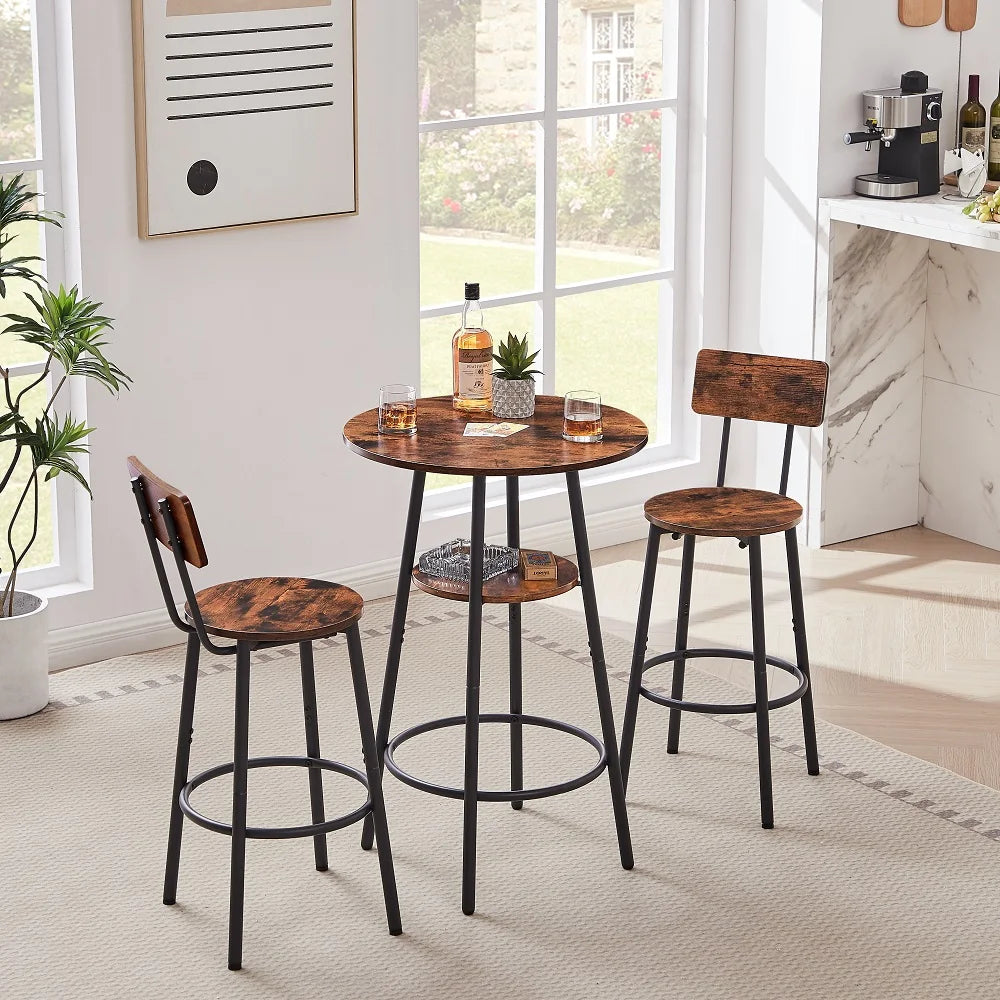 3-Piece Rustic Round Wood Bar Stool Set with Storage Shelves