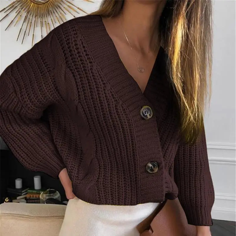 Women's V-Neck Knitted Cardigan – Long Sleeve Cotton Sweater for Autumn and Winter Casual Streetwear