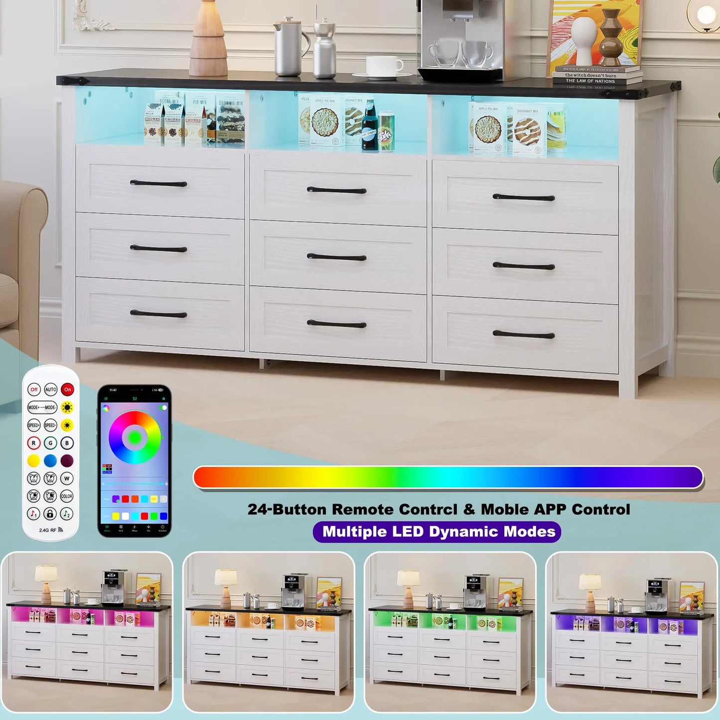 White 63" Modern 12-Drawer Long Chest Dresser with LED Lights – Large Storage Cabinet for Bedroom or Living Room