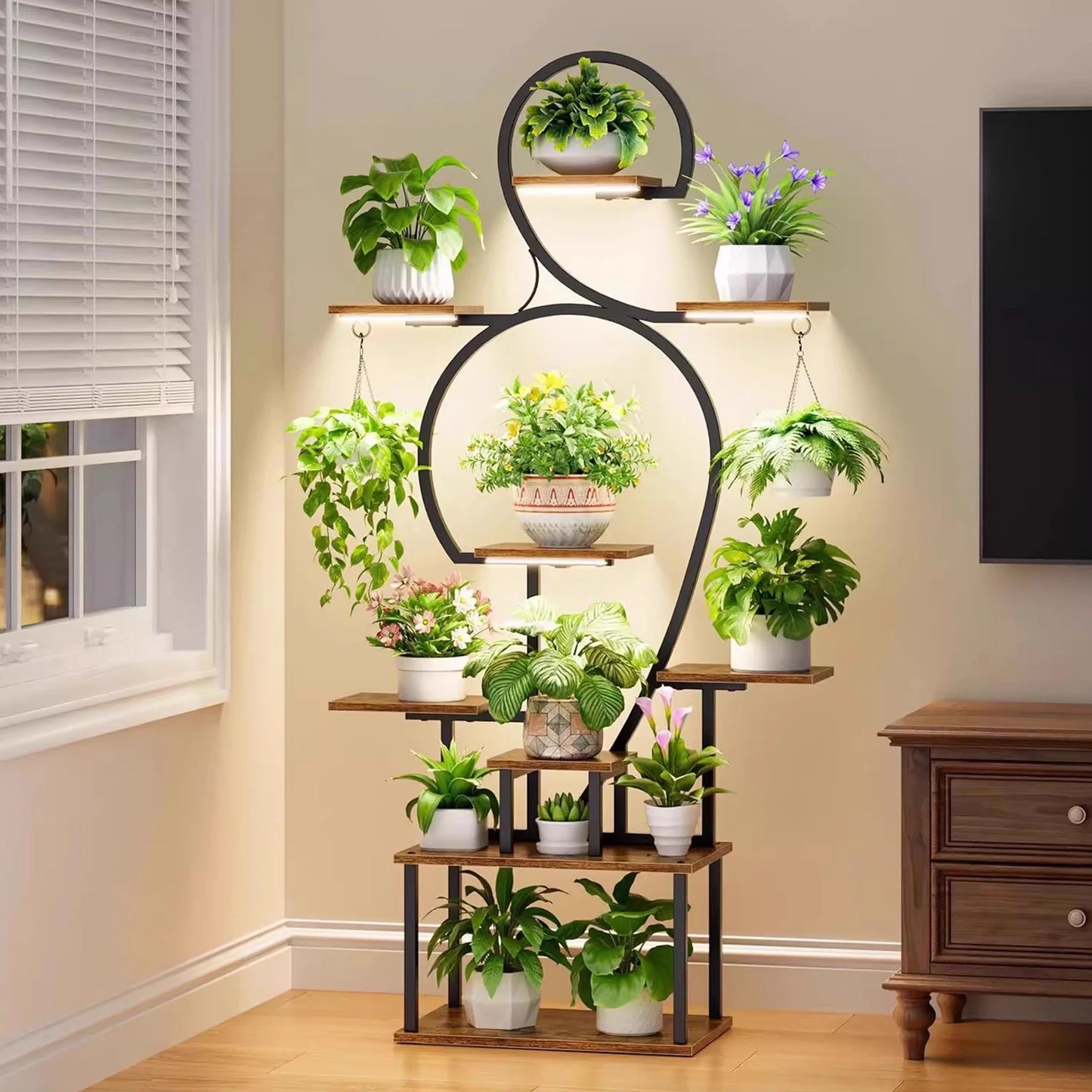 9-Tier Heavy-Duty Indoor Plant Stand with Grow Light – 63-Inch Freestanding Metal and MDF Rack for Living Room, Patio, or Garden