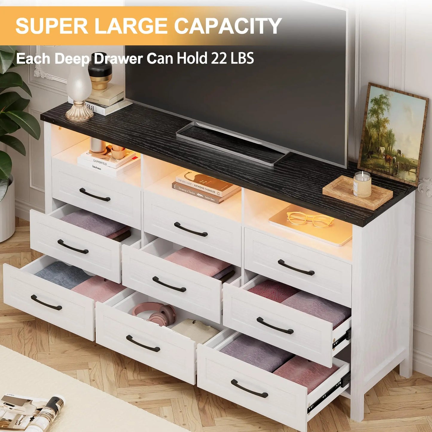White 63" Modern 12-Drawer Long Chest Dresser with LED Lights – Large Storage Cabinet for Bedroom or Living Room