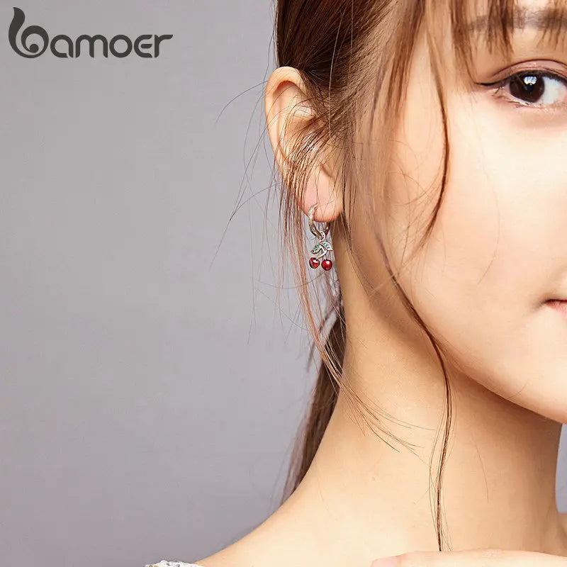 Sterling Silver Sweet Cherry Stud Earrings – Cute Plant-Inspired Zircon Earrings for Women