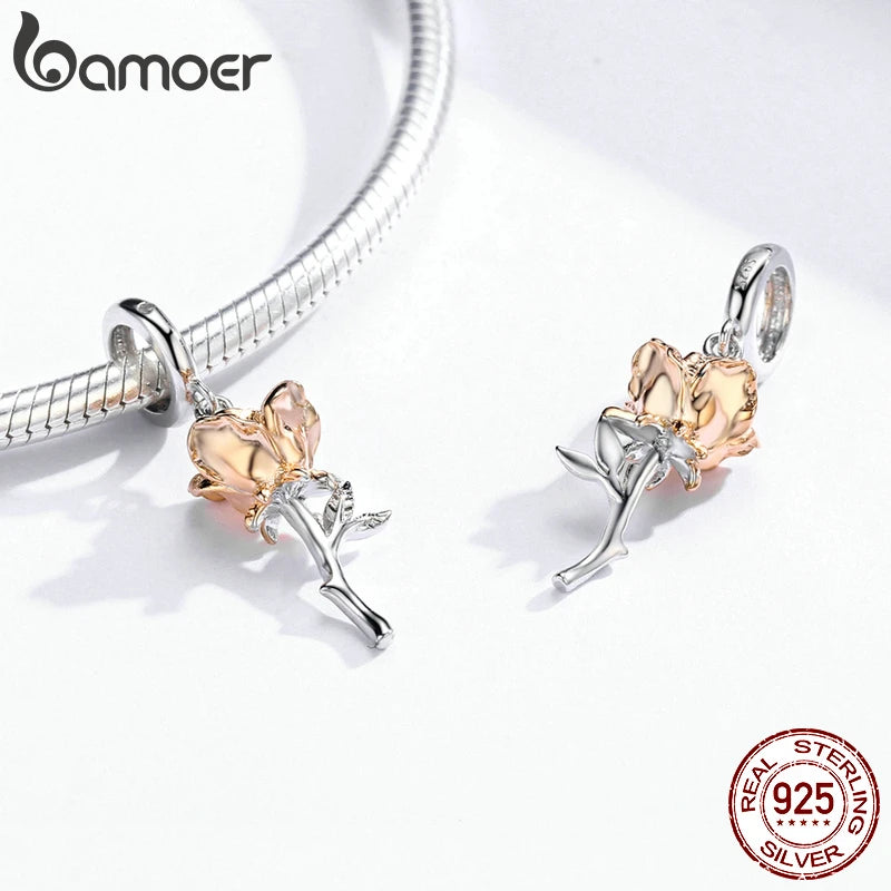 3D Rose Flower Charm Pendant – 925 Sterling Silver with Rose Gold Finish for Bracelets or Necklaces
