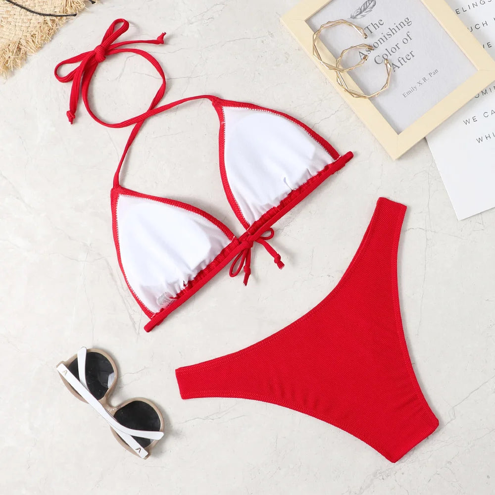 Solid Color Low Waist Bikini Set – Sexy Wire-Free Two-Piece Swimwear for Women