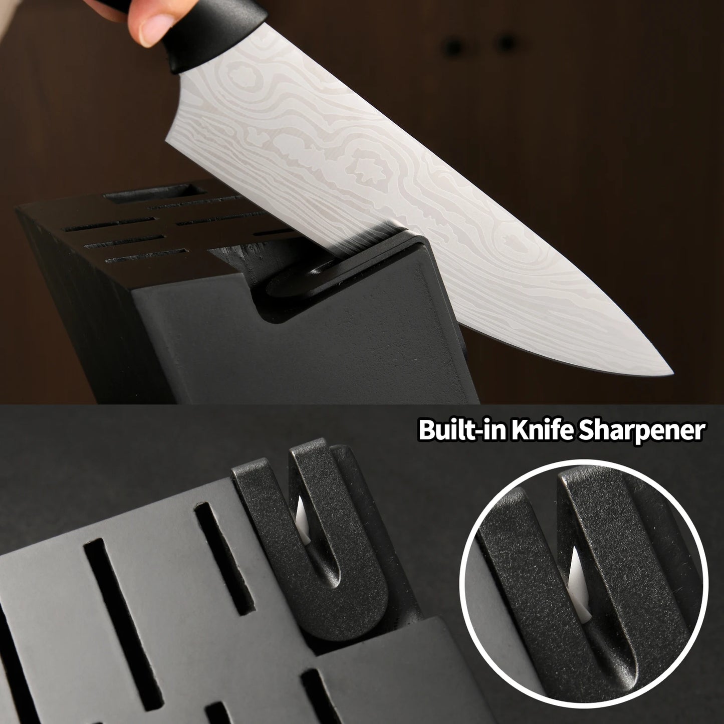 15-Piece Damascus Pattern High Carbon Steel Kitchen Knife Set with Ergonomic Handles & Built-in Sharpener