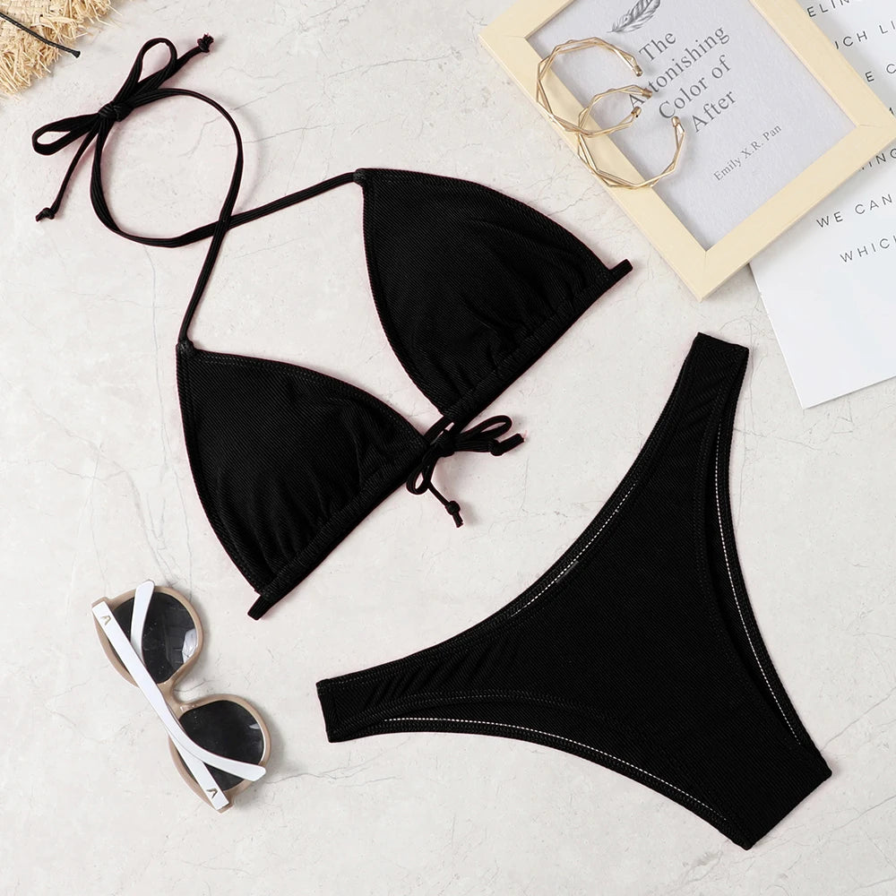 Solid Color Low Waist Bikini Set – Sexy Wire-Free Two-Piece Swimwear for Women