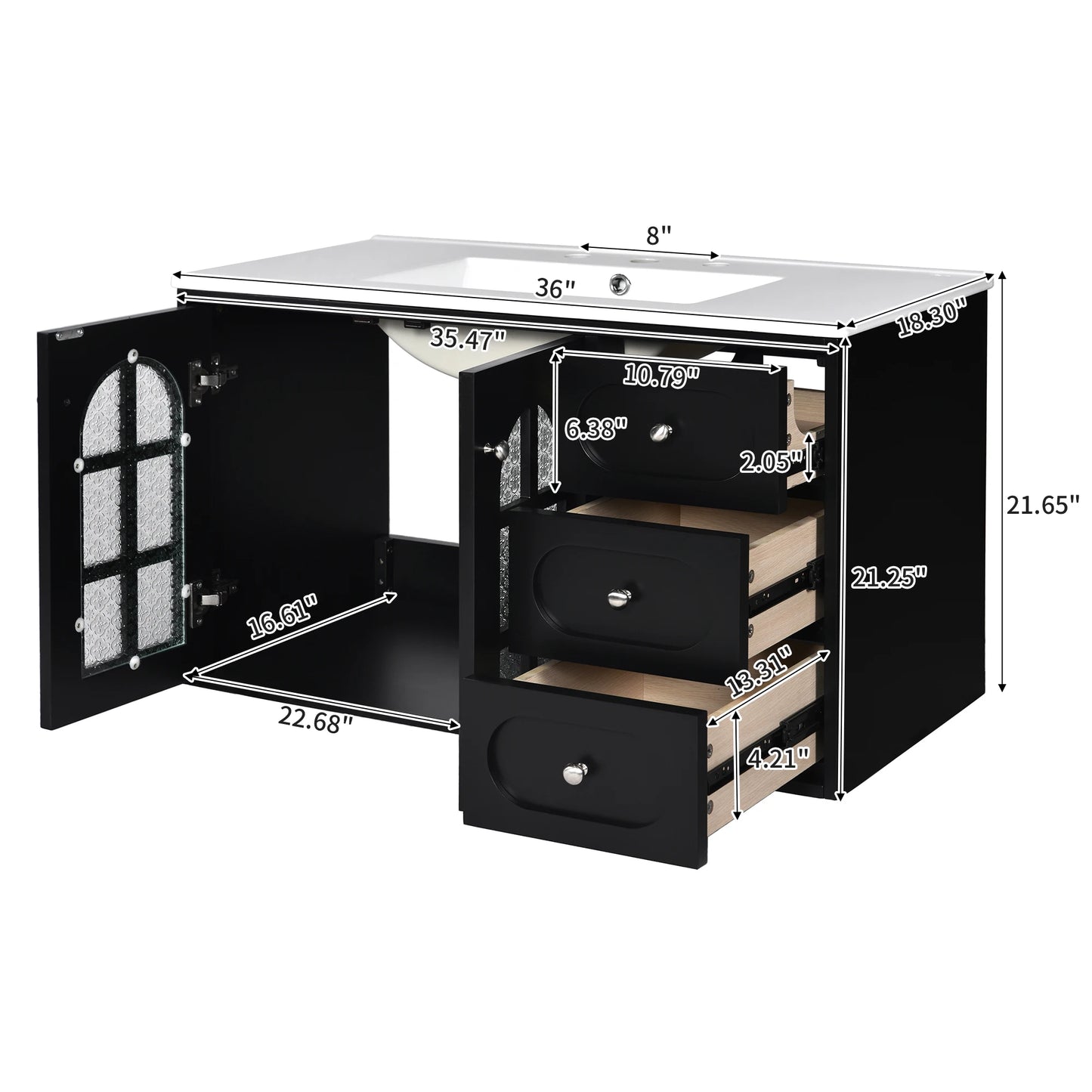 36-Inch Floating Bathroom Vanity in Black with Ceramic Sink – 3 Drawers, Soft-Close System, and Wall-Mounted Design