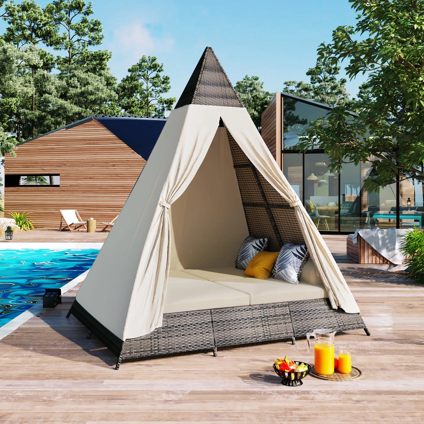 90.5-Inch Beige Outdoor Tent-Shaped Wicker Sunbed – Modern Patio Daybed with Cushions and Colorful Pillows
