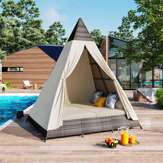 90.5-Inch Beige Outdoor Tent-Shaped Wicker Sunbed – Modern Patio Daybed with Cushions and Colorful Pillows
