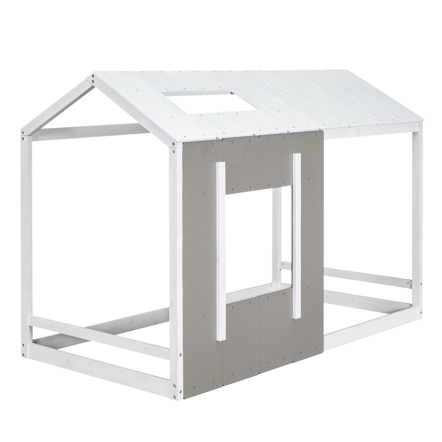 Twin Size Solid Wood Platform Bed with Roof and Window – White & Antique Grey Modern House Design for Kids' Bedroom