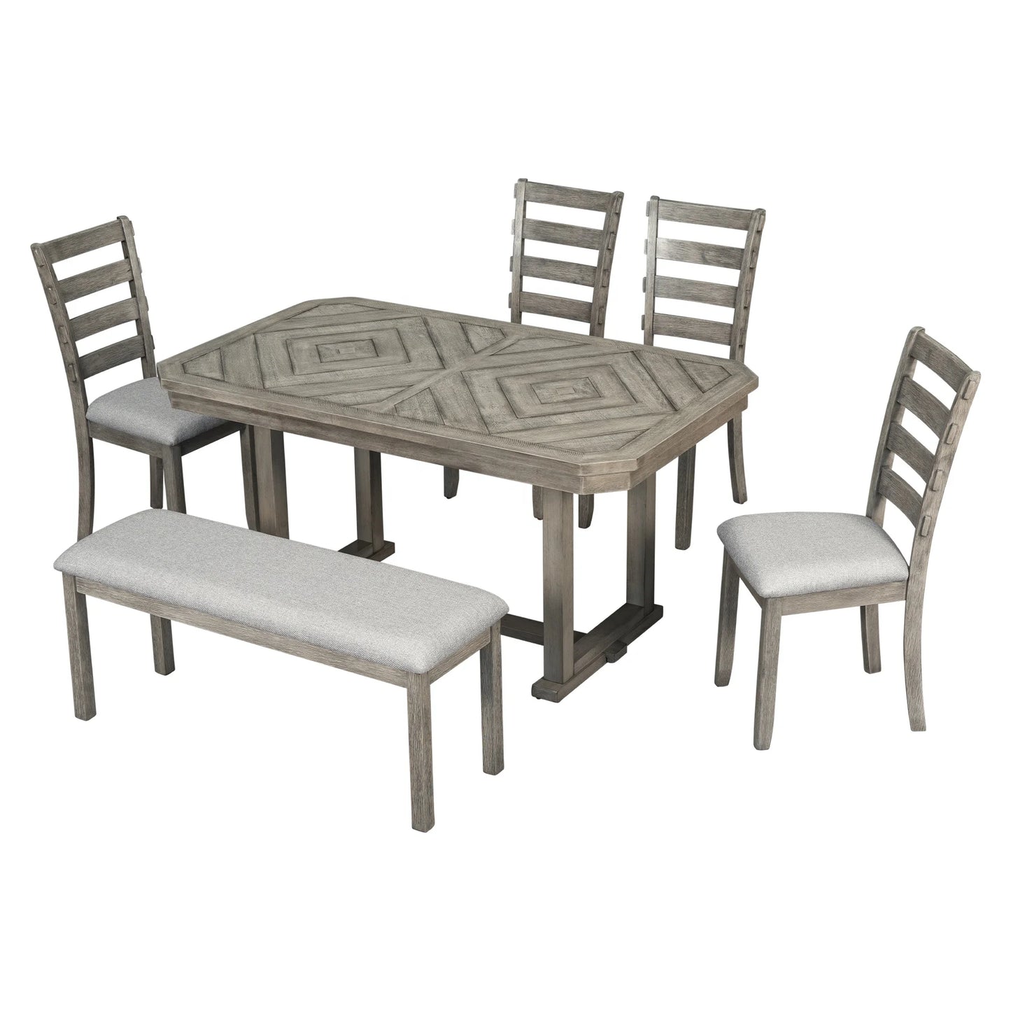 6-Piece Gray Oval Dining Table Set with Bench – Solid Wood Modern Furniture for Apartment or Farmhouse Use