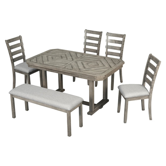 6-Piece Gray Oval Dining Table Set with Bench – Solid Wood Modern Furniture for Apartment or Farmhouse Use