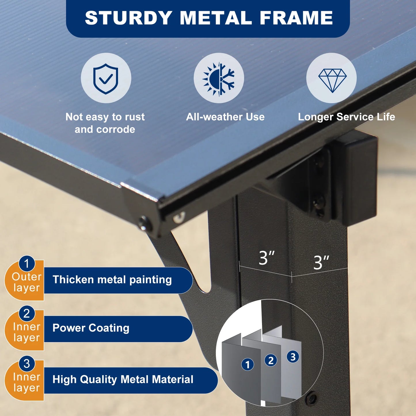 10x12 FT Wall-Mounted Outdoor Metal Awning Pergola – Heavy-Duty Steel Frame with Polycarbonate Roof for Patio, Deck, or Garden Use