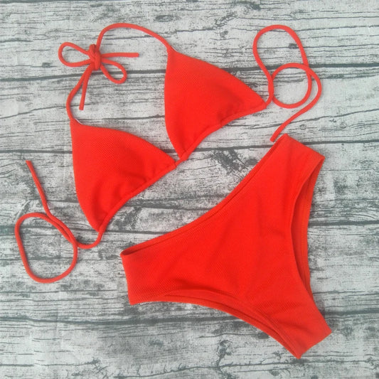 Sexy Push-Up Mini Bikini Set – Women's Mid Waist Brazilian Style Swimsuit with Pad, Solid Color Beachwear