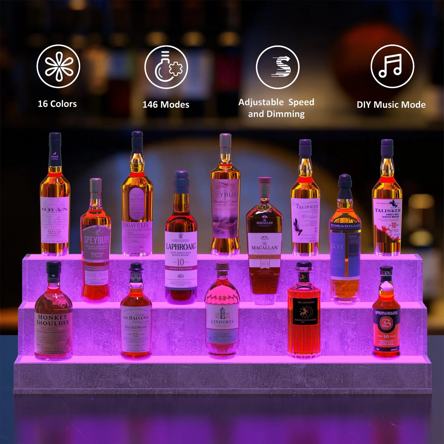 37-Inch LED Lighted Grey Wood Bar Display Shelves – Liquor Bottle Storage Cabinet with Remote Control