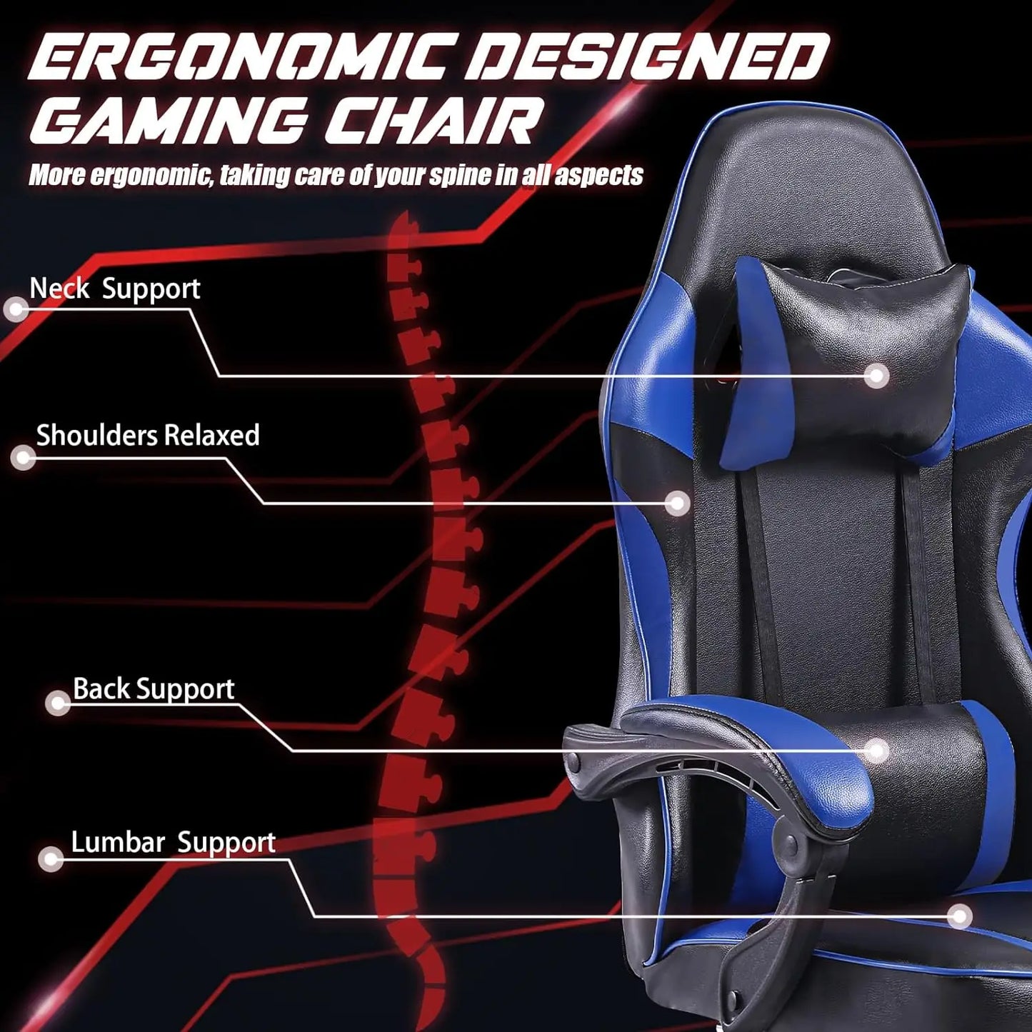 Adjustable Blue PU Leather Gaming Chair – Manual Recliner with Footrest and Lumbar Support