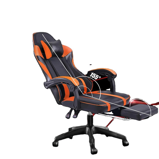 Adjustable Orange PU Leather Gaming Chair – Manual Recliner with Footrest and Lumbar Support