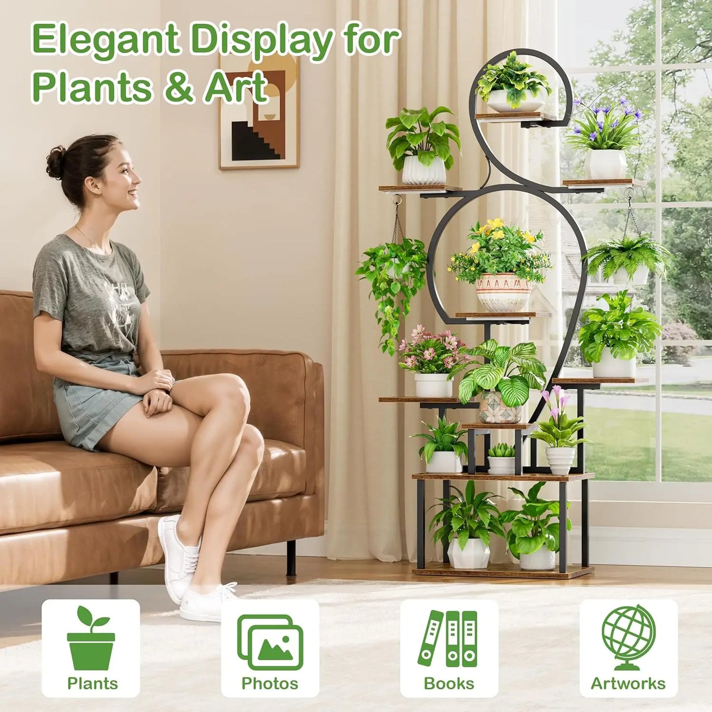 9-Tier Heavy-Duty Indoor Plant Stand with Grow Light – 63-Inch Freestanding Metal and MDF Rack for Living Room, Patio, or Garden