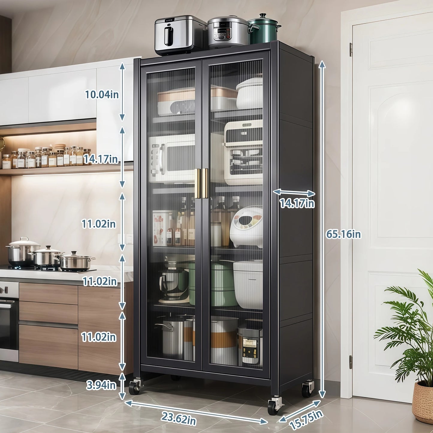 65" Gray Metal Kitchen Pantry Cabinet with Glass Doors – 6-Tier Storage with Adjustable Shelves for Food & Essentials