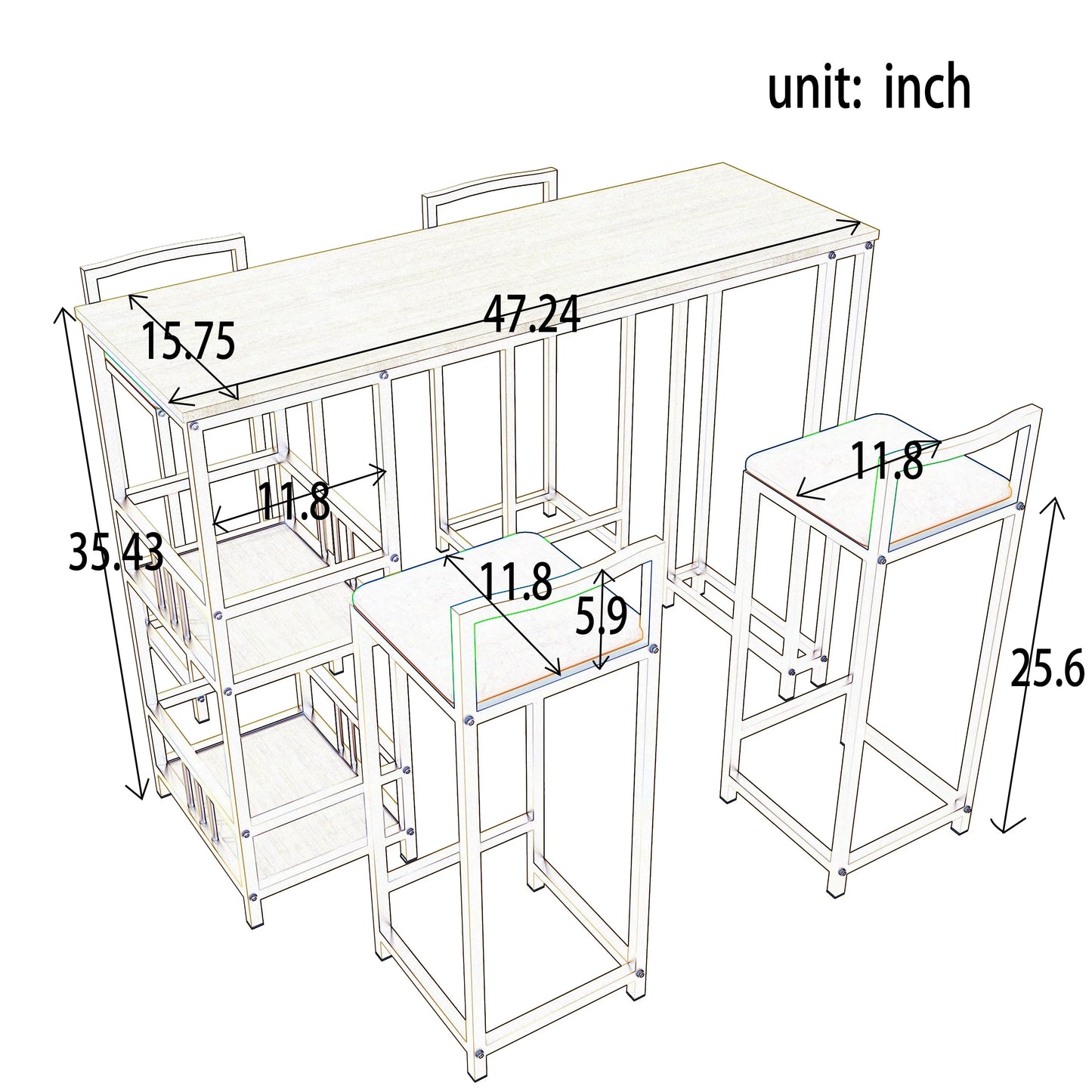 5-Piece Modern Bar Height Dining Set with Storage – Gold Frame and Orange Cushioned Chairs