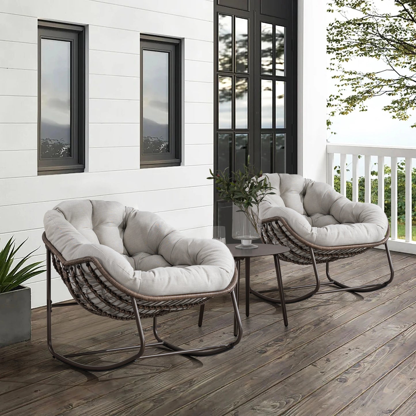 Beige Outdoor Rattan Rocking Chair with Padded Cushion – Comfortable Patio Recliner for Porch, Garden, or Living Room