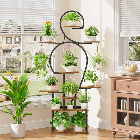 9-Tier Heavy-Duty Indoor Plant Stand with Grow Light – 63-Inch Freestanding Metal and MDF Rack for Living Room, Patio, or Garden