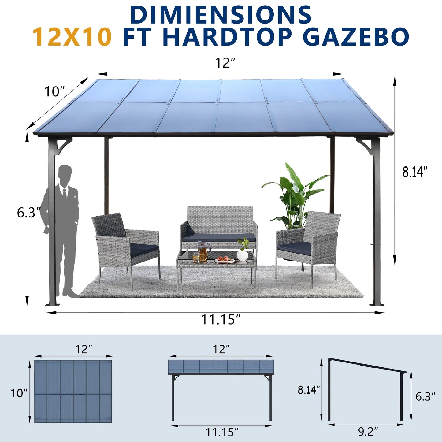 10x12 FT Wall-Mounted Outdoor Metal Awning Pergola – Heavy-Duty Steel Frame with Polycarbonate Roof for Patio, Deck, or Garden Use