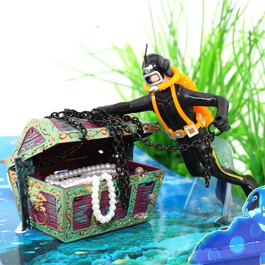 Treasure Chest Diver Aquarium Ornament – Air Bubbler Action Figure Decoration for Underwater Landscape Movement (135g)