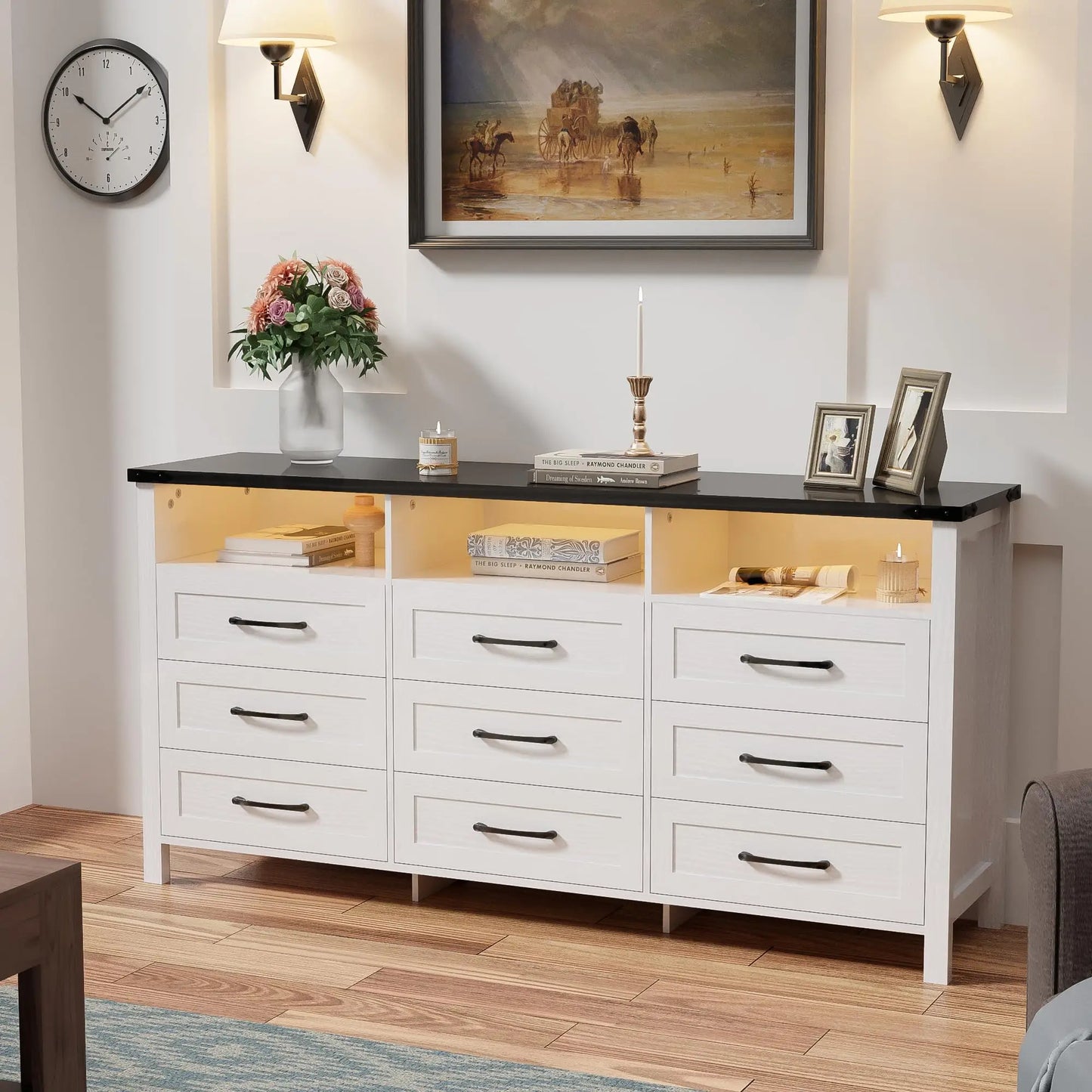 White 63" Modern 12-Drawer Long Chest Dresser with LED Lights – Large Storage Cabinet for Bedroom or Living Room