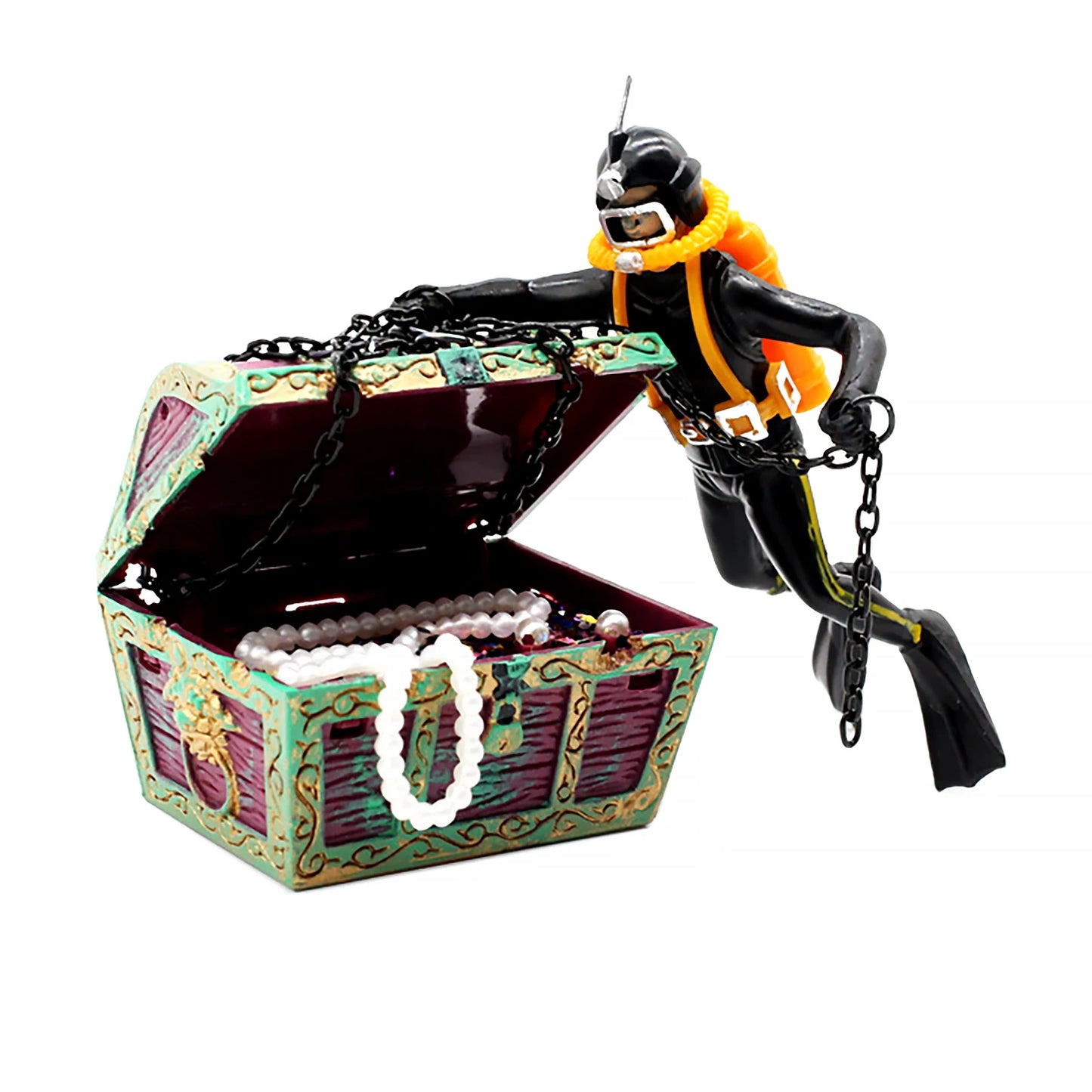 Treasure Chest Diver Aquarium Ornament – Air Bubbler Action Figure Decoration for Underwater Landscape Movement (135g)