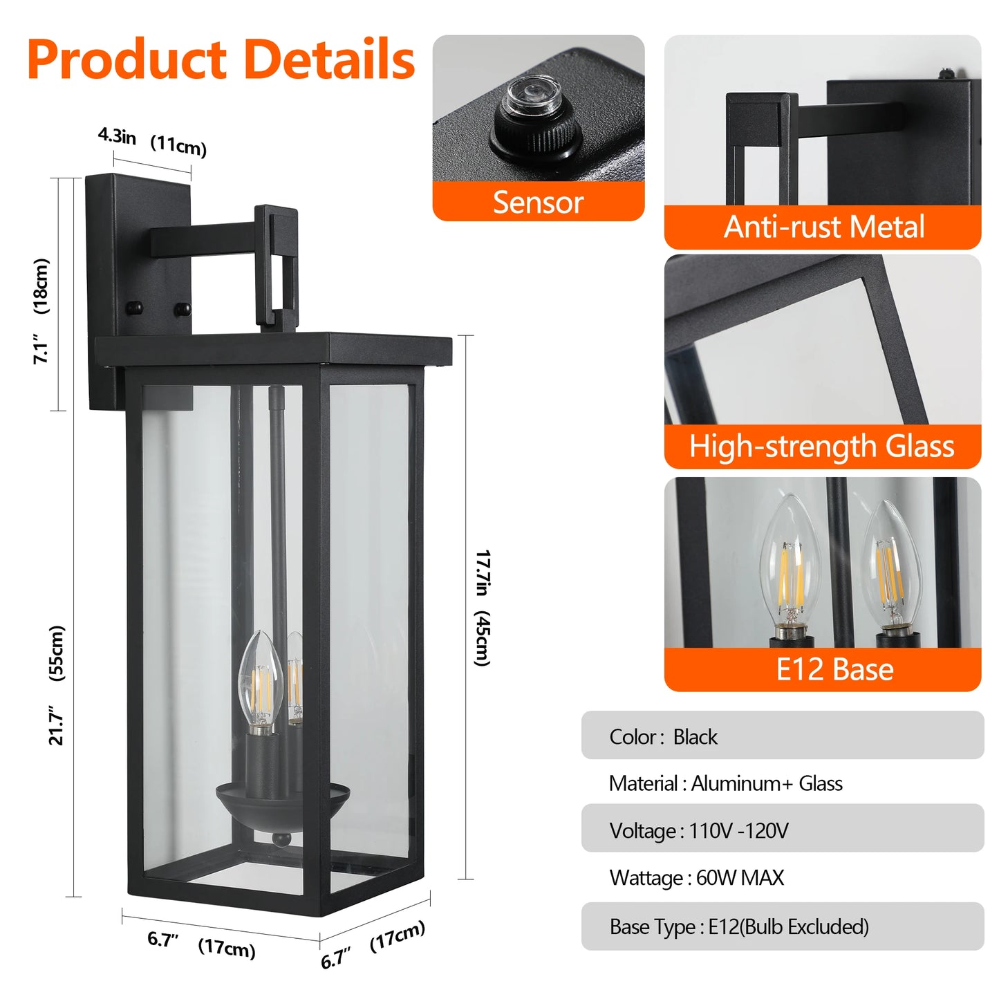 2-Pack Large Outdoor Wall Lanterns – 22" Black Waterproof Sconce Lights with Light Sensor for Porch, Garage, or Balcony