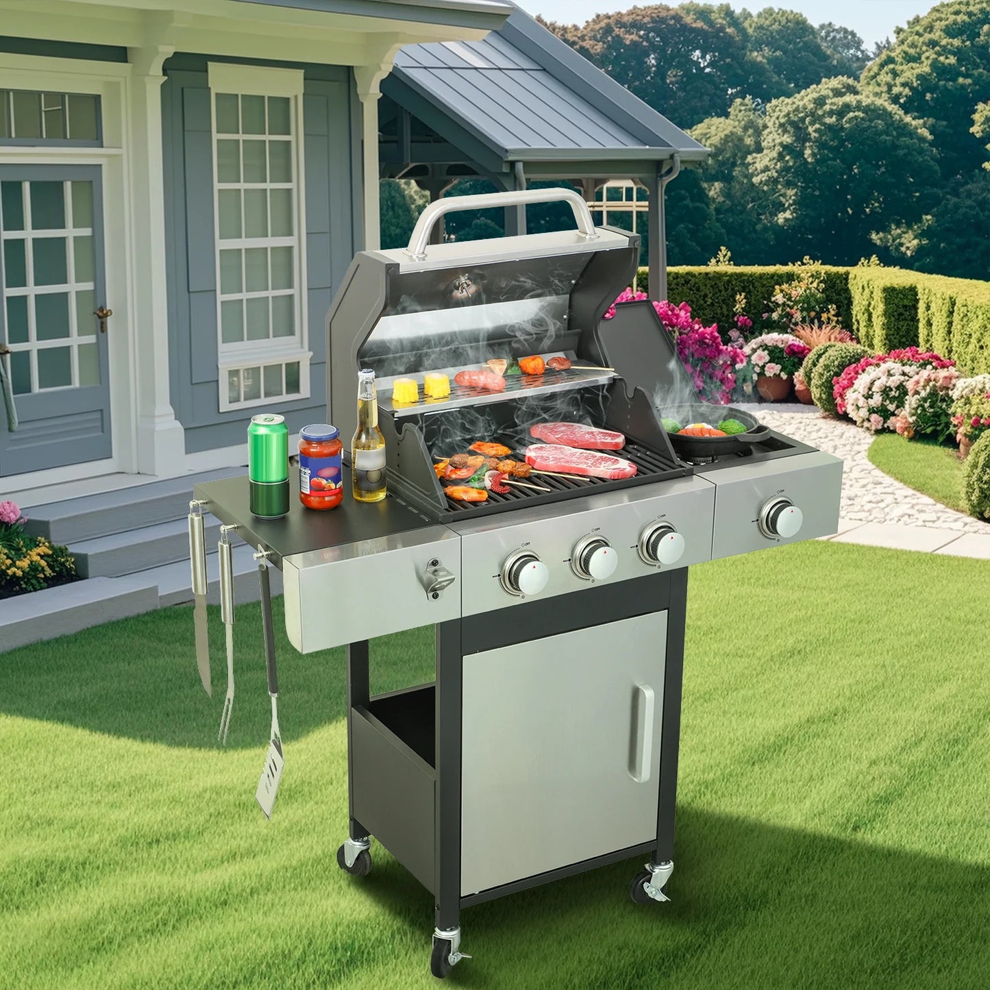 3-Burner Outdoor Gas BBQ Grill with Enameled Cast Iron Cooking Grids and Side Burner – Stainless Steel Barbecue for Patio and Backyard