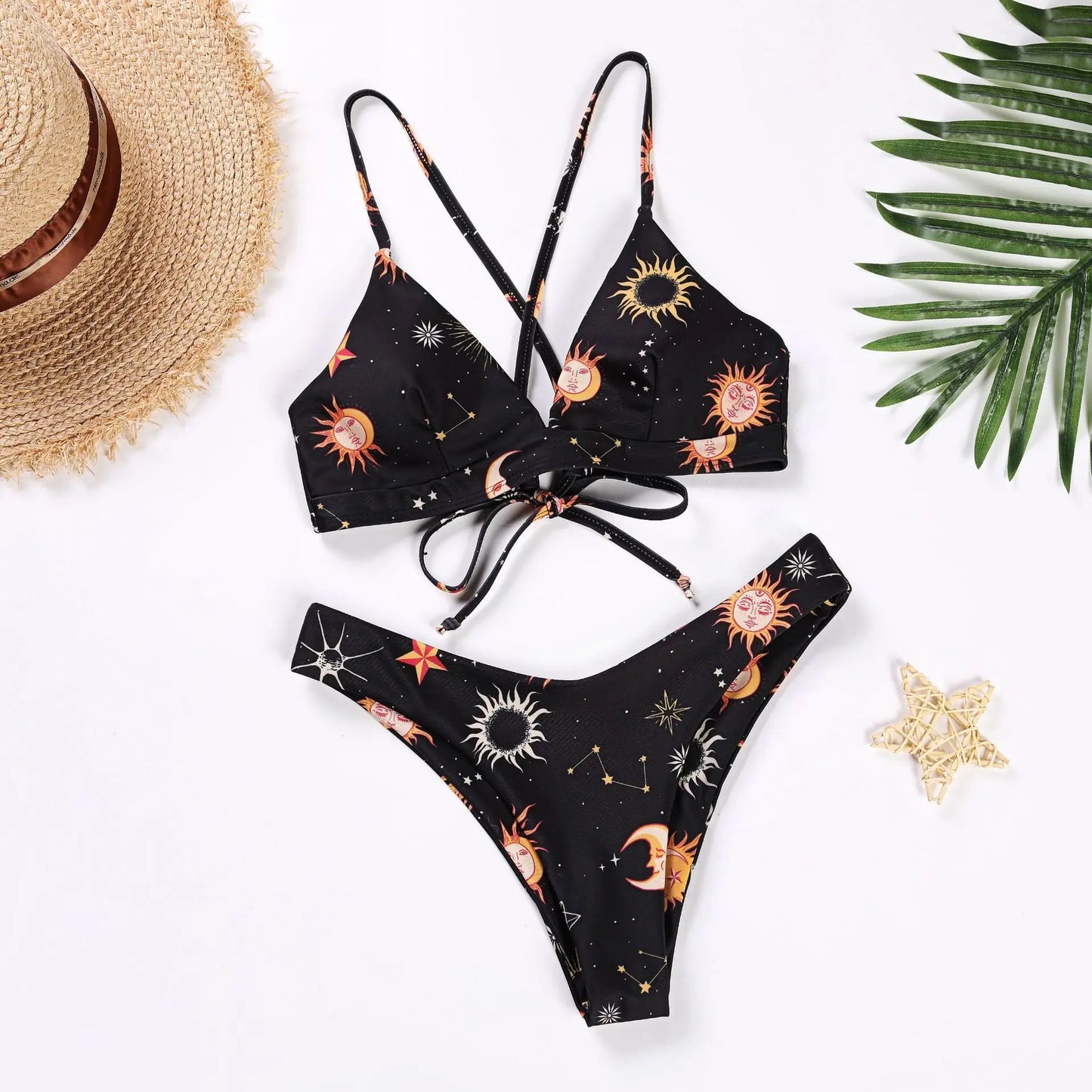 Sunflower Print Bikini Set – Sexy Push-Up Bandage Swimsuit for Women, Padded Low-Waist Biquini