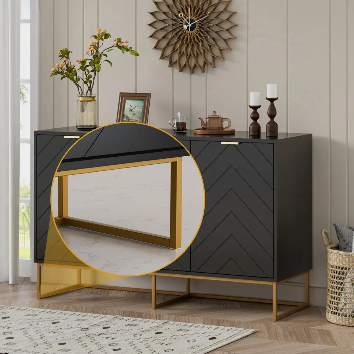 Black Modern 3-Door Storage Buffet Cabinet – Sideboard with Adjustable Shelf for Living Room, Bedroom, or Entryway