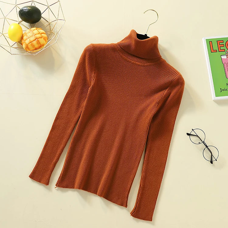 Women's Winter Knitted Turtleneck Sweater – Slim Fit Cotton Polo-Neck Pullover for Casual Cold Weather Outfits