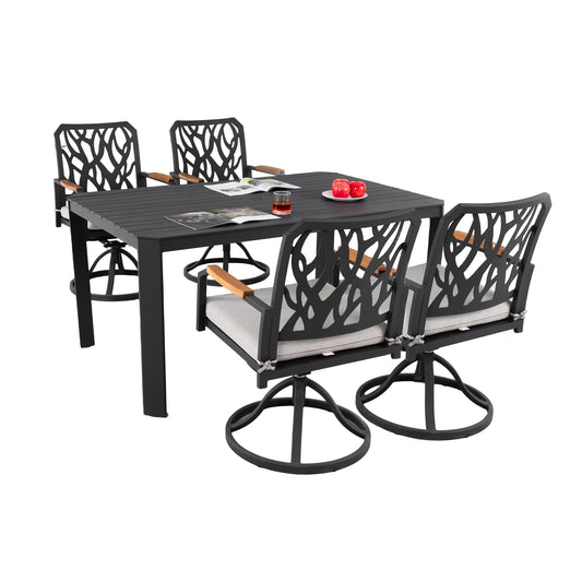 5-Piece Outdoor Aluminum Dining Set – Modern Patio Furniture with 4 Swivel Rocker Chairs and Rectangular Table with Umbrella Hole