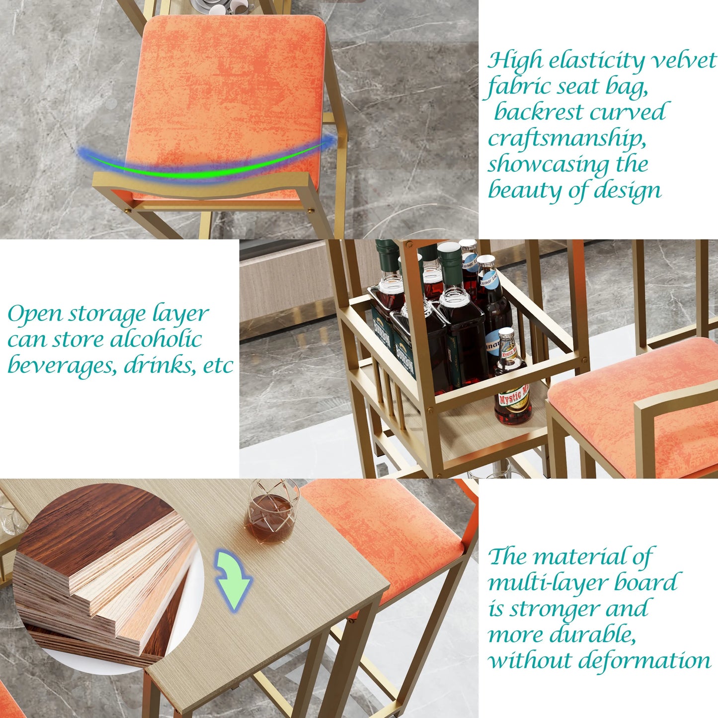 5-Piece Modern Bar Height Dining Set with Storage – Gold Frame and Orange Cushioned Chairs