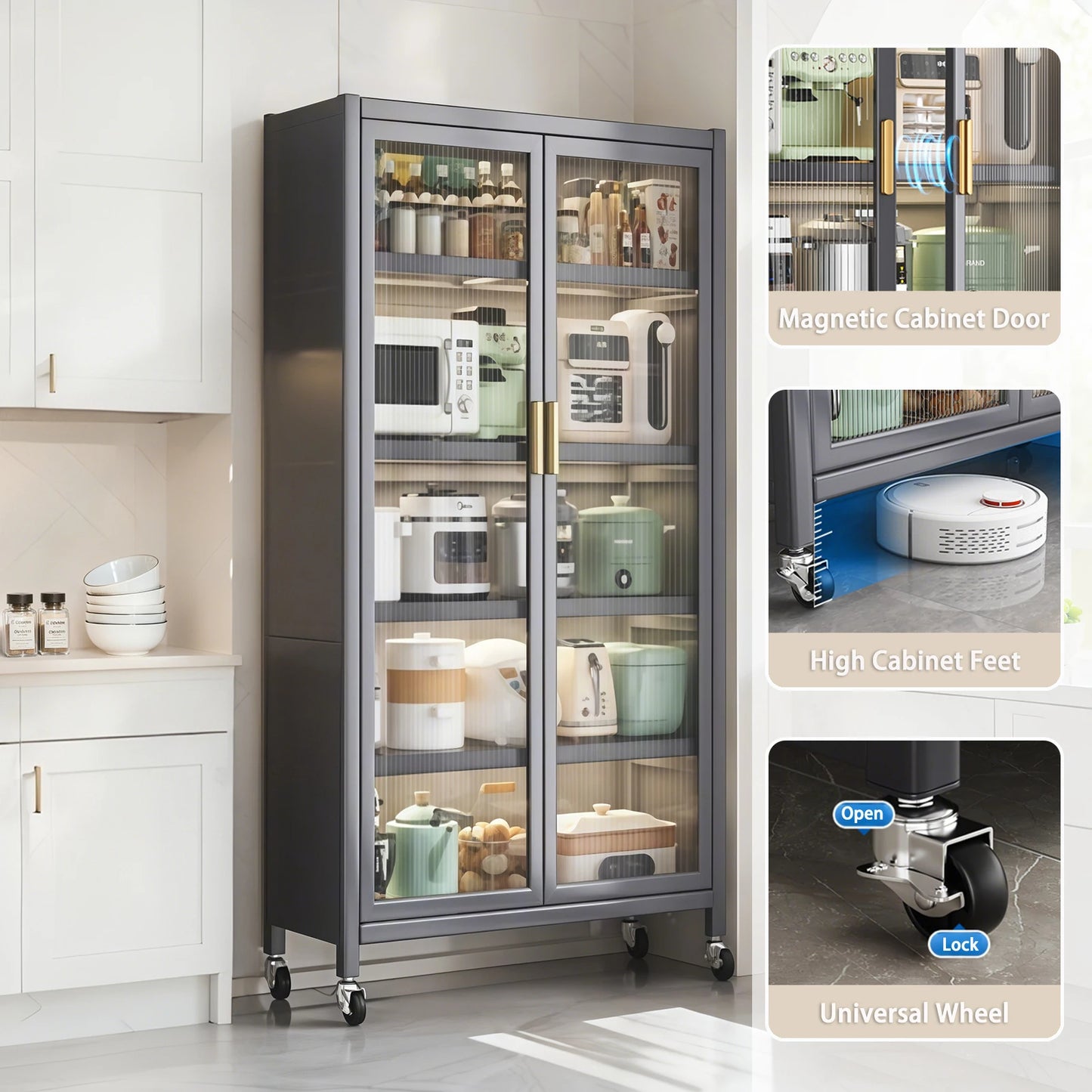 65" Gray Metal Kitchen Pantry Cabinet with Glass Doors – 6-Tier Storage with Adjustable Shelves for Food & Essentials