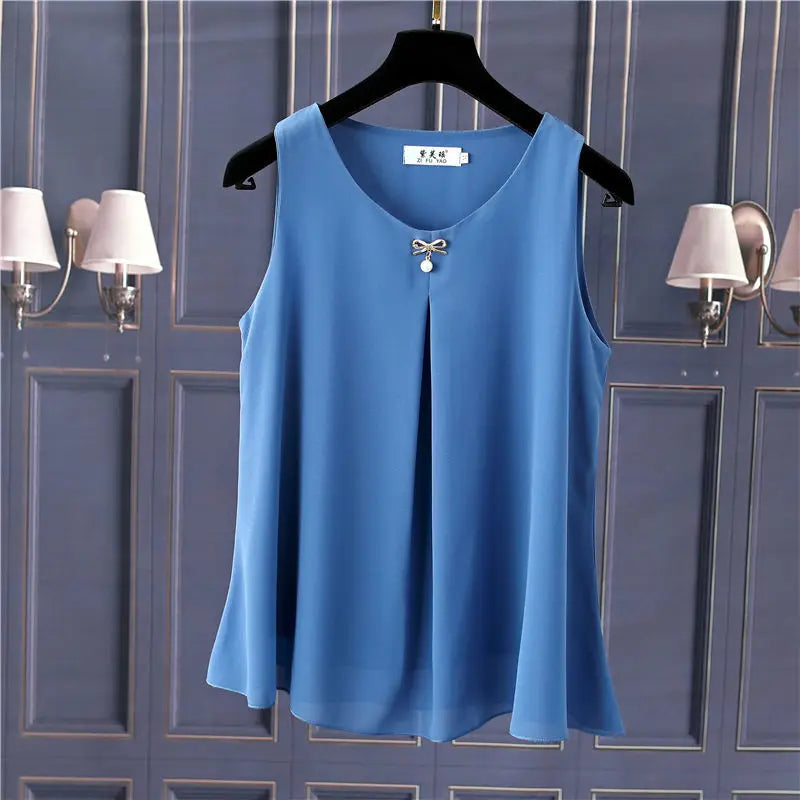Women's Oversized Sleeveless Chiffon Blouse – Loose Fit O-Neck Summer Top in Solid Colors