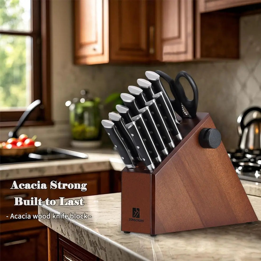 15-Piece Japanese Kitchen Knife Set – 50Cr15Mov Stainless Steel with Block, Sharpener & Scissors