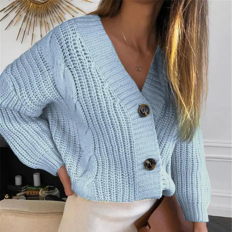 Women's V-Neck Knitted Cardigan – Long Sleeve Cotton Sweater for Autumn and Winter Casual Streetwear