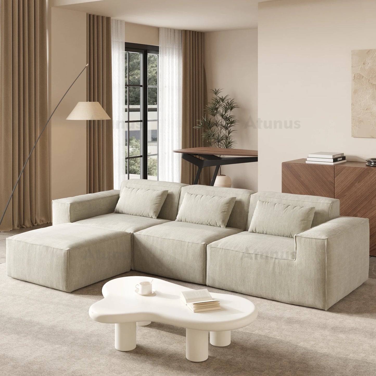 Beige Modular L-Shaped Sectional Sofa – Compressed Cloud Velvet Living Room Couch Set