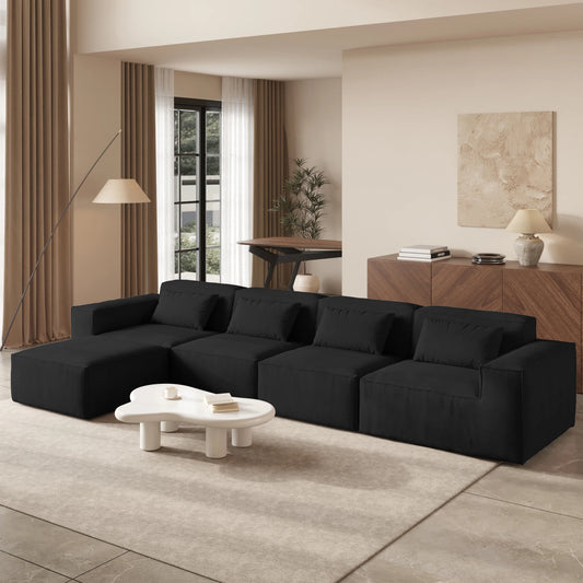 Black Modular Cloud Velvet Sectional Sofa – Vacuum Compressed Modern Living Room Couch Set